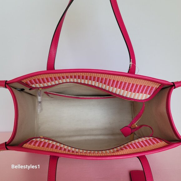 KATE SPADE Market Striped Woven Straw Medium Tote Bag-Wild Raspberry Multi ⭐ - Picture 15 of 16
